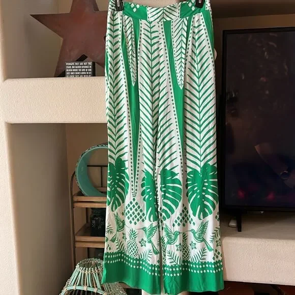NWT Coord Set Sunburst Kiss White/Green Wide Pants Tropical Palm Print SET - Picture 8 of 8